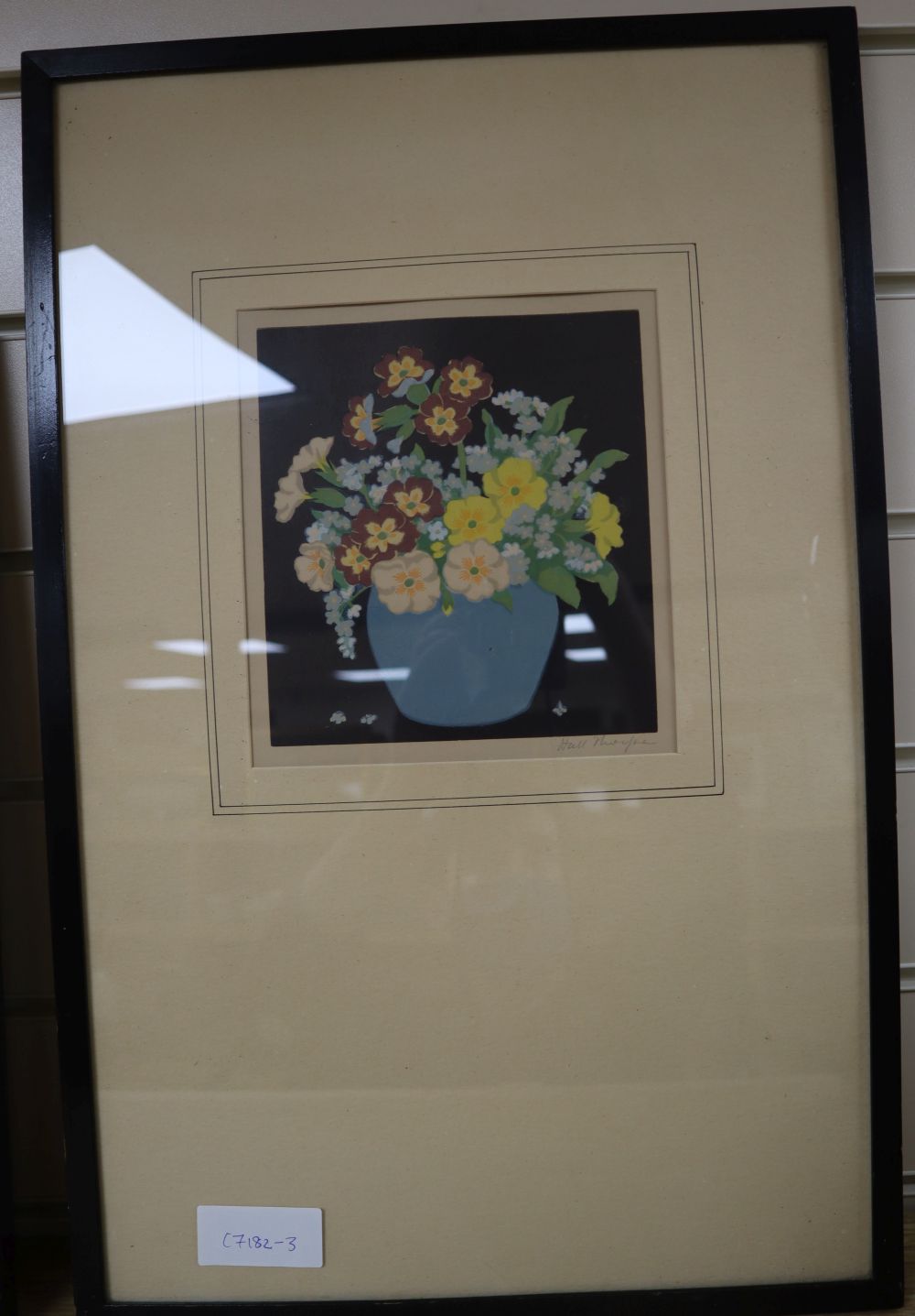 Eric Hall Thorpe, woodcut in colour for home decoration, Flowers in a blue vase, signed in pencil, 18 x 16.5cm